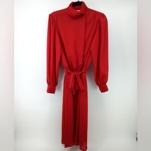 Vintage Ms. Chaus Red Dress 100% Polyester Hidden Buttons Pockets Sheer 10